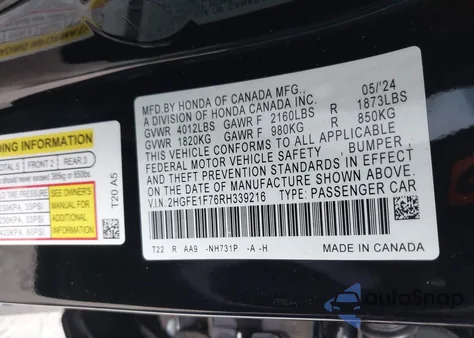 2024 Honda Civic Ex z USA, uszkodzony, nr VIN 2HGFE1F76RH339216